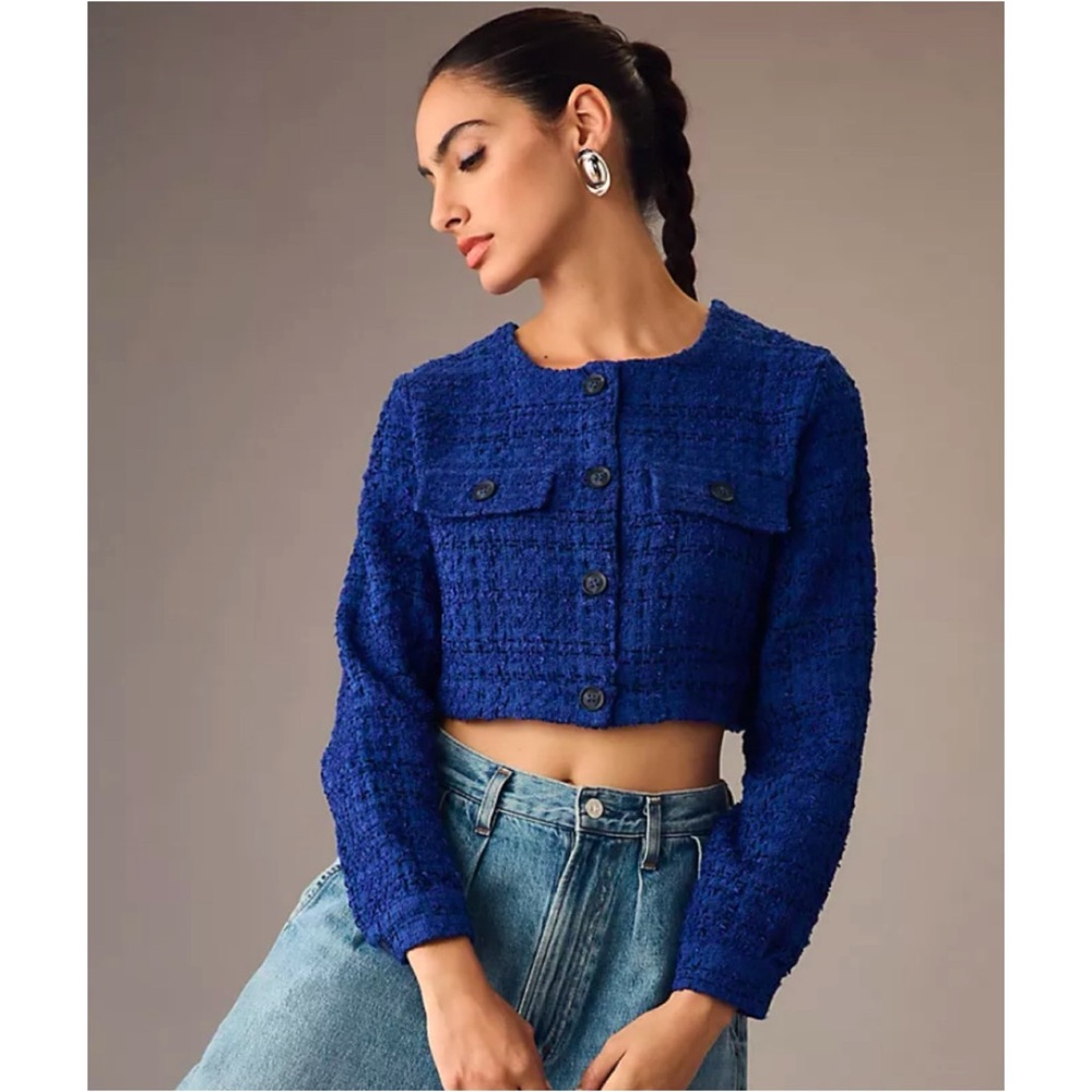 MAEVE Cropped Blue Tweed Long-Sleeve Preppy Blouse/Jacket M